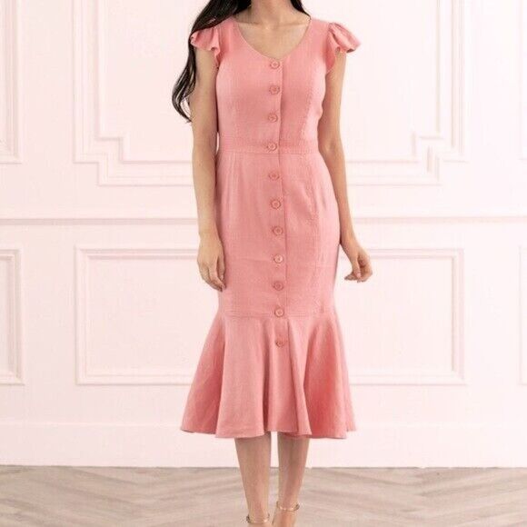 Rachel Parcell Pink linen blend button down midi ruffle hem dress size XL - Picture 1 of 8